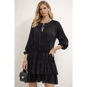 Current Air Ruby & Jenna Black Pleated Mini Dress Size L Boho Ruffle Smocked LA